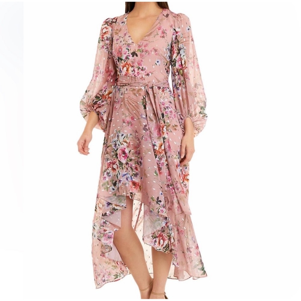 Eliza J Floral Foil Print Chiffon Hi-Low Maxi Dress Mauve Metallic Size 14 NEW